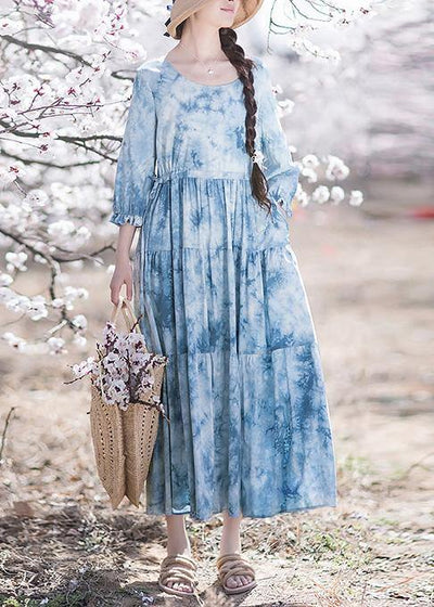 Handmade O-Neck Drawstring Summer Soft Long Blue Dress - SooLinen