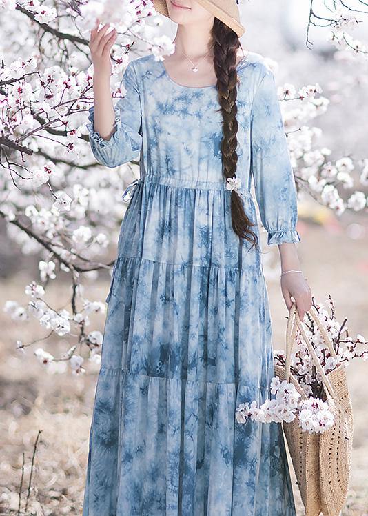 Handmade O-Neck Drawstring Summer Soft Long Blue Dress - SooLinen