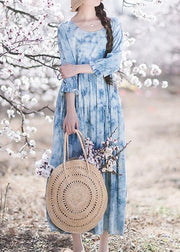 Handmade O-Neck Drawstring Summer Soft Long Blue Dress - SooLinen