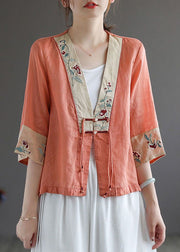 Handmade Orange Deep V Neck Patchwork Cotton Linen Shirt Bracelet Sleeve