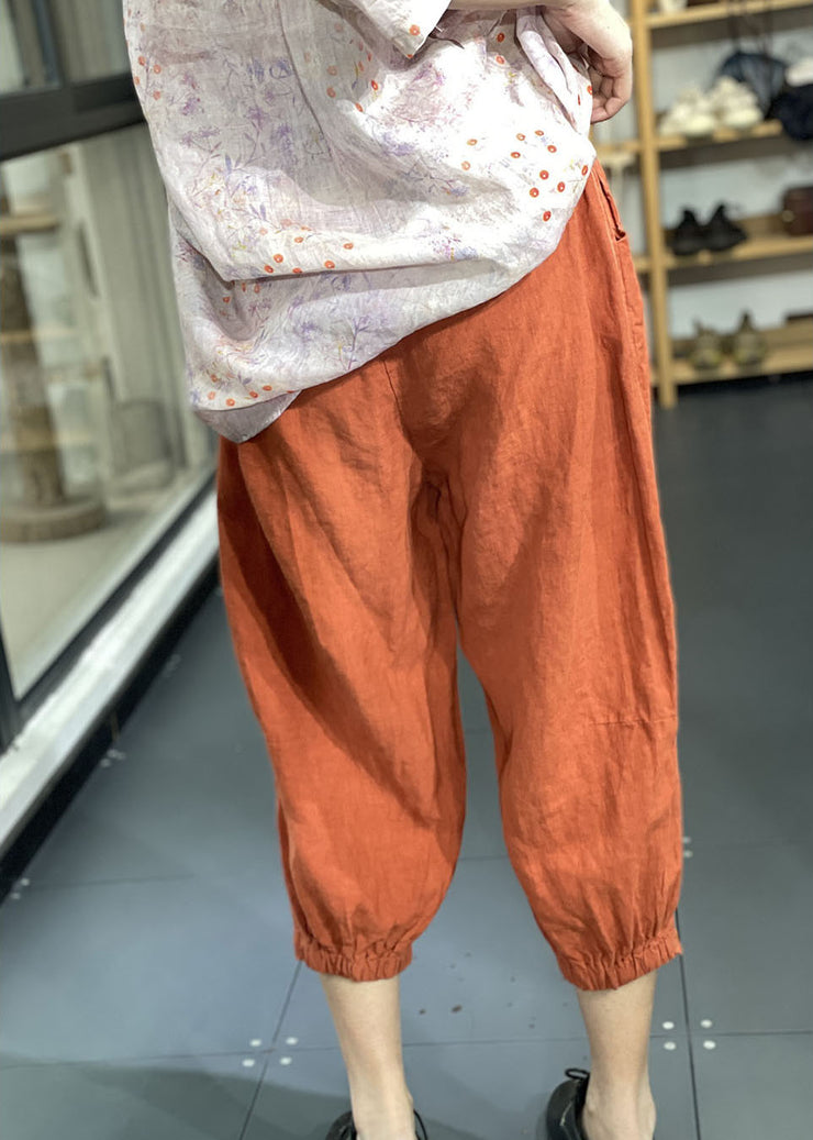 Handmade Orange Elastic Waist Oriental Jogging Fall Pants