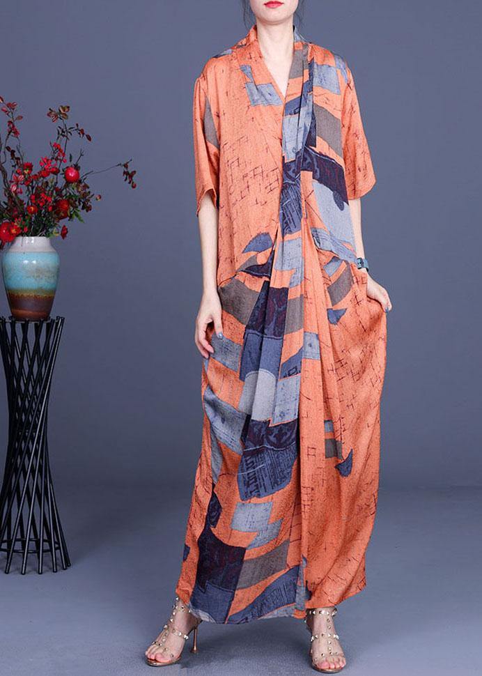 Handmade Orange Print asymmetrical design Loose Long Summer Dress - SooLinen