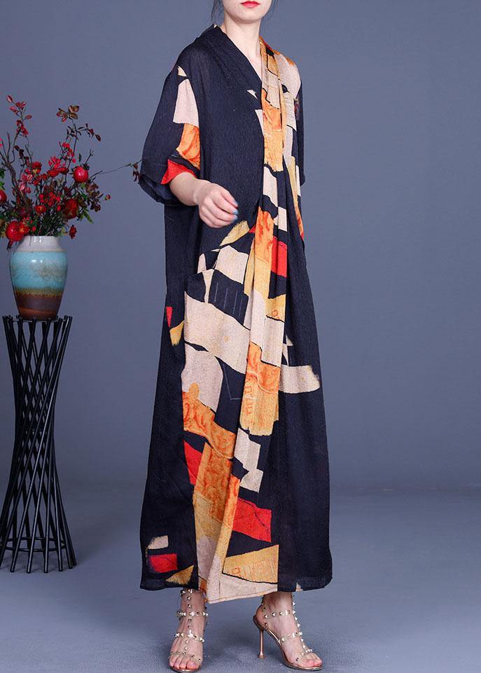 Handmade Orange Print asymmetrical design Loose Long Summer Dress - SooLinen