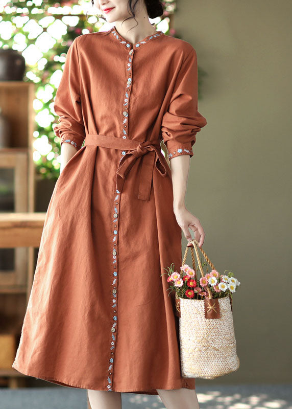 Handmade Orange Stand Collar Embroideried Linen Vacation Dresses Long Sleeve