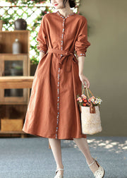 Handmade Orange Stand Collar Embroideried Linen Vacation Dresses Long Sleeve