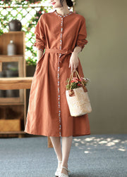 Handmade Orange Stand Collar Embroideried Linen Vacation Dresses Long Sleeve