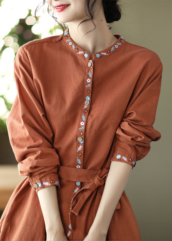 Handmade Orange Stand Collar Embroideried Linen Vacation Dresses Long Sleeve