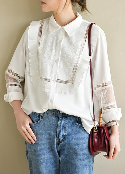 Handmade Patchwork White Long Sleeve Top Ruffles - SooLinen