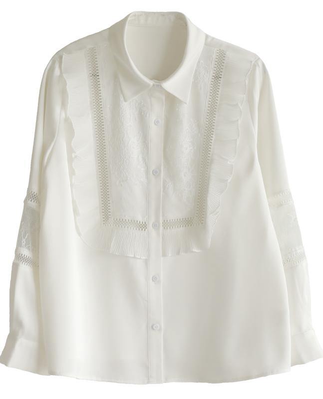 Handmade Patchwork White Long Sleeve Top Ruffles - SooLinen