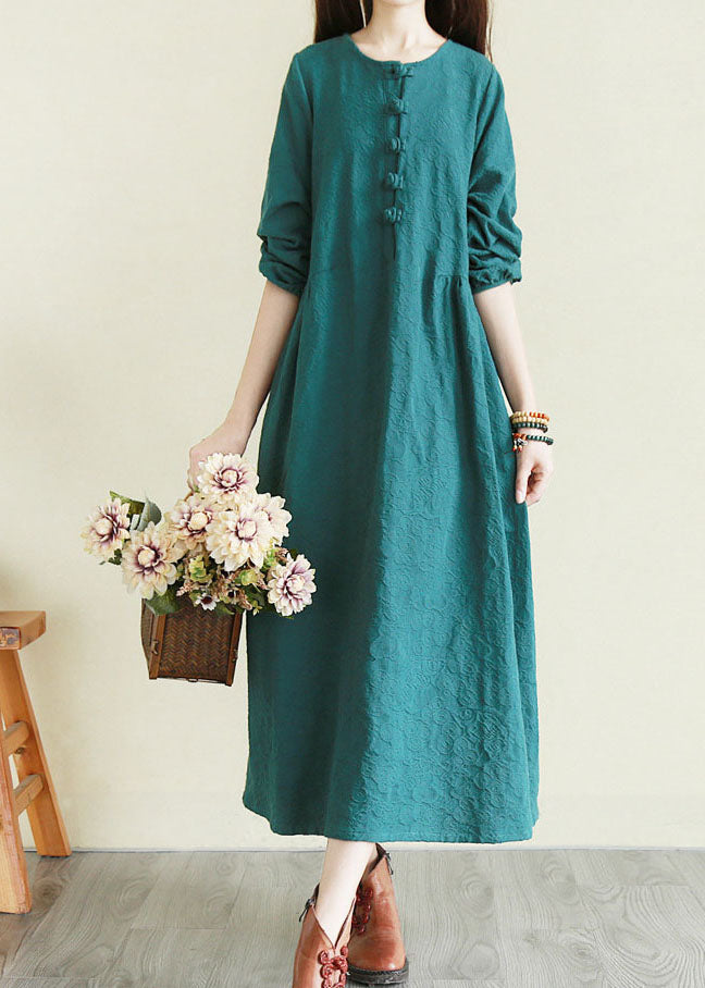 Handmade Peacock Green O-Neck button Cinched Long Dresses Long Sleeve