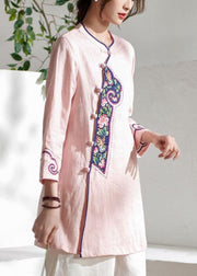 Handmade Pink Button Embroideried Summer Linen Blouses - SooLinen