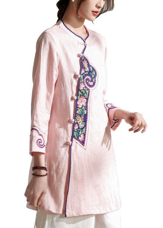 Handmade Pink Button Embroideried Summer Linen Blouses - SooLinen