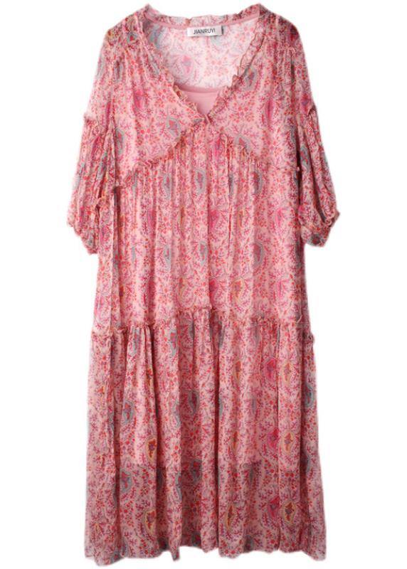 Handmade Pink Print Chiffon Patchwork Summer Ankle Dress - SooLinen