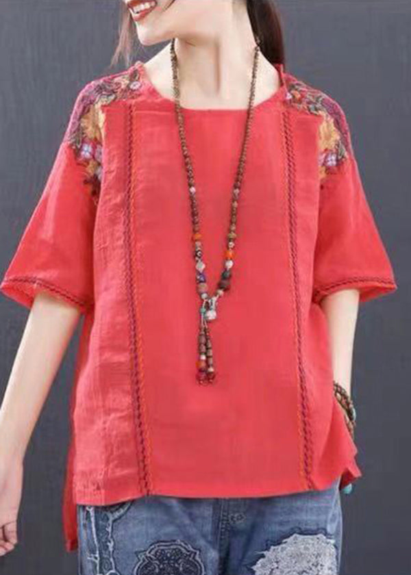 Handmade Red O-Neck Embroideried Linen Tank Tops Short Sleeve