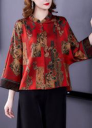 Handmade Red Original Design Mandarin Collar Print Silk Blouses Long Sleeve