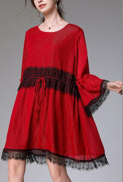 Handmade Red Patchwork Chiffon flare sleeve Summer Mini Dresses - SooLinen