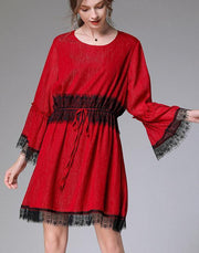 Handmade Red Patchwork Chiffon flare sleeve Summer Mini Dresses - SooLinen