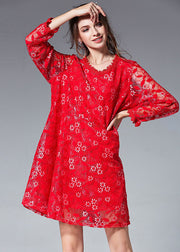 Handmade Red Patchwork O-Neck  Fall Lace Dress