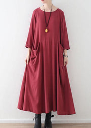 Handmade Red Pockets Long sleeve Loose Dress Fall - SooLinen