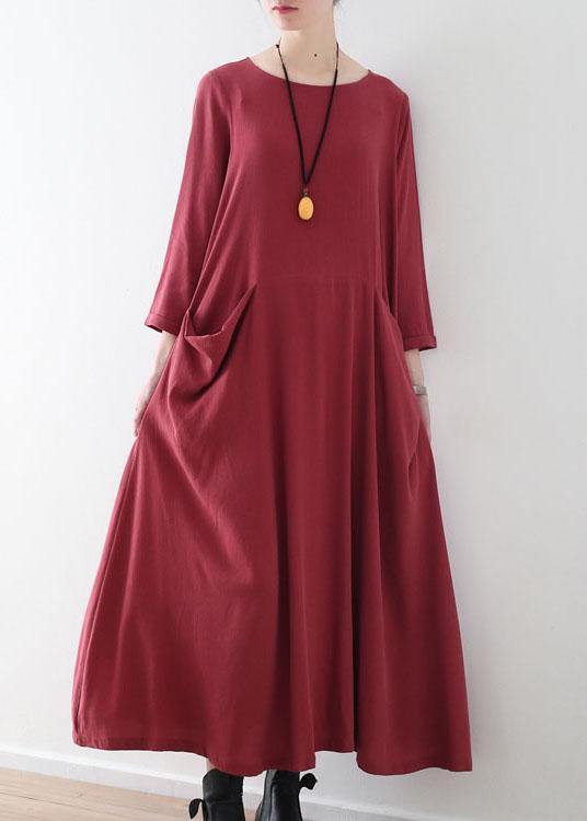 Handmade Red Pockets Long sleeve Loose Dress Fall - SooLinen