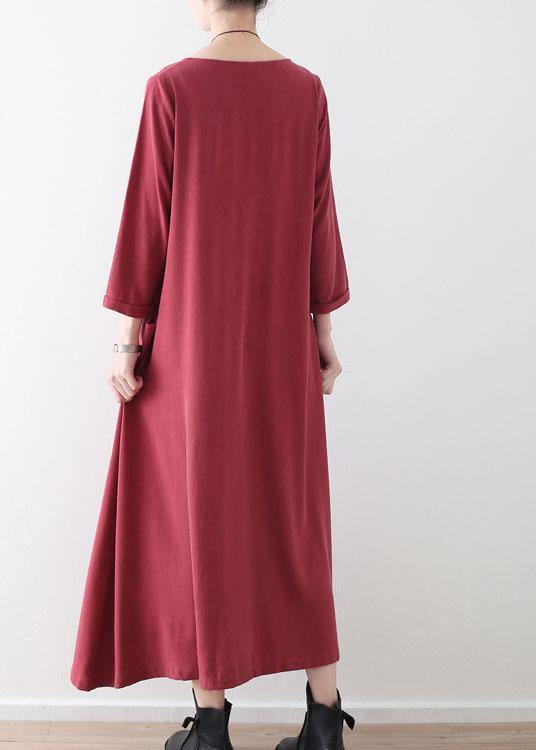 Handmade Red Pockets Long sleeve Loose Dress Fall - SooLinen