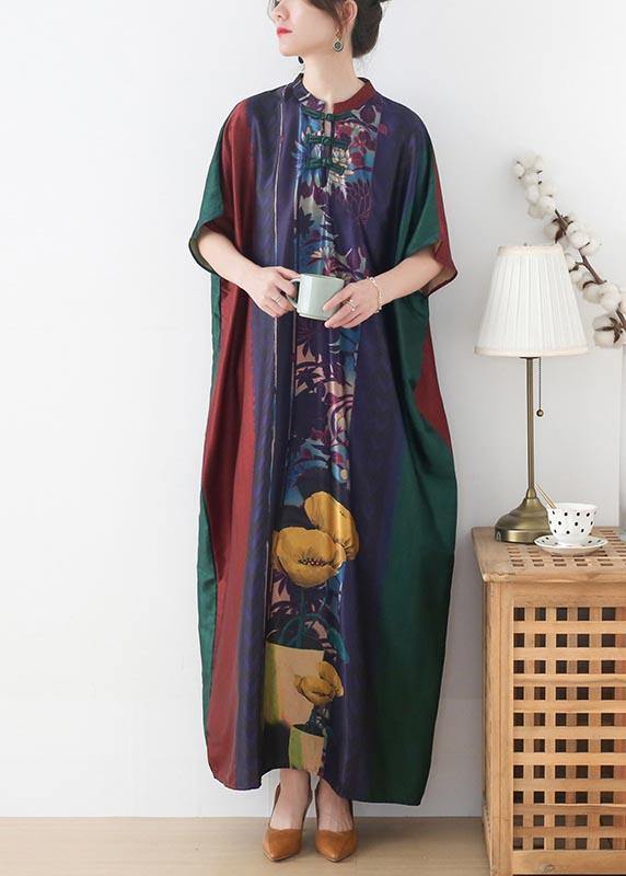 Handmade Red Purple Green Print Chiffon Dress Loose Summer Dress - SooLinen