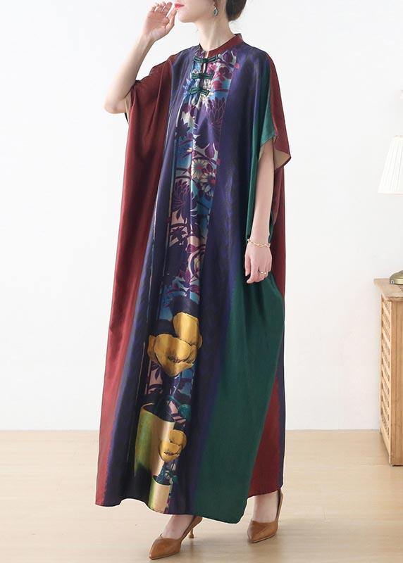 Handmade Red Purple Green Print Chiffon Dress Loose Summer Dress - SooLinen