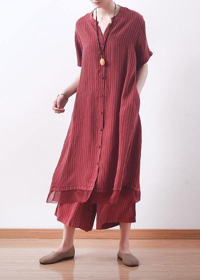 Handmade Red Striped Silk Patchwork 2 Piece Outfit Summer - SooLinen