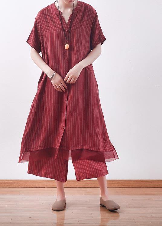 Handmade Red Striped Silk Patchwork 2 Piece Outfit Summer - SooLinen