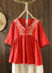 Handmade Red V Neck Embroideried Lace Up Wrinkled Patchwork Linen Tops Short Sleeve