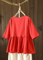 Handmade Red V Neck Embroideried Lace Up Wrinkled Patchwork Linen Tops Short Sleeve