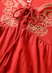 Handmade Red V Neck Embroideried Lace Up Wrinkled Patchwork Linen Tops Short Sleeve