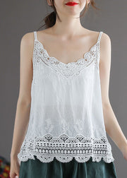 Handmade Solid White Lace Patchwork Cotton Spaghetti Strap Tops Summer