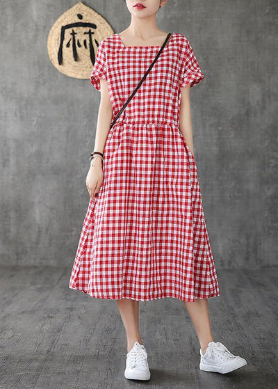 Handmade Square Collar patchwork cotton linen clothes For Women Shape red plaid Dress summer - SooLinen