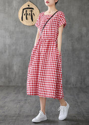 Handmade Square Collar patchwork cotton linen clothes For Women Shape red plaid Dress summer - SooLinen