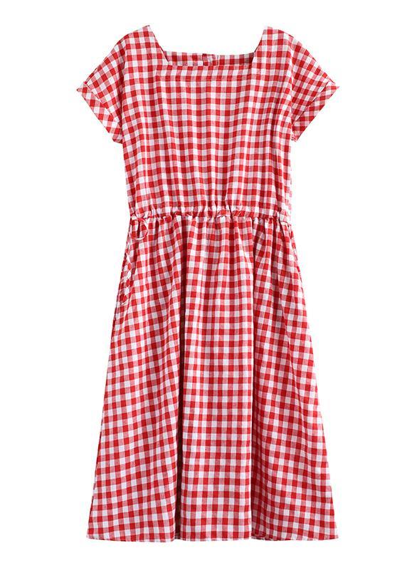 Handmade Square Collar patchwork cotton linen clothes For Women Shape red plaid Dress summer - SooLinen