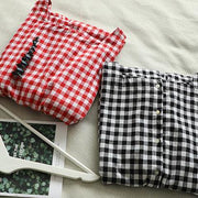 Handmade Square Collar patchwork cotton linen clothes For Women Shape red plaid Dress summer - SooLinen