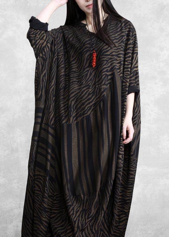 Handmade V Neck Asymmetric Spring Clothes Work Chocolate Striped Robe Dress - SooLinen