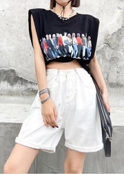 Handmade White High Waist Denim Wide Leg hot pants Summer - SooLinen