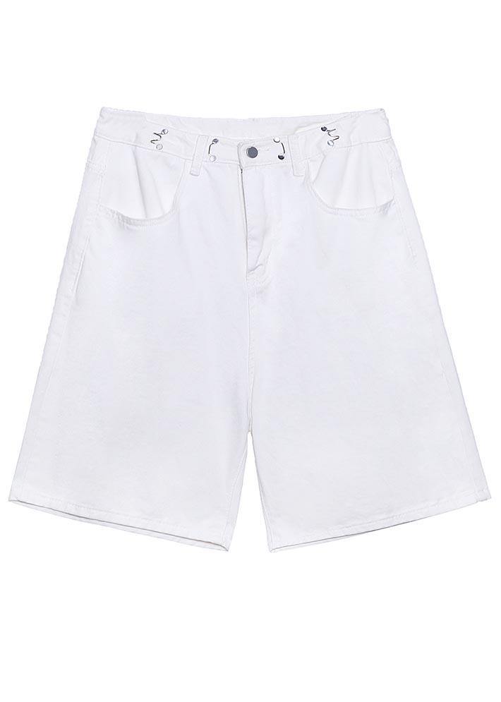 Handmade White High Waist Denim Wide Leg hot pants Summer - SooLinen