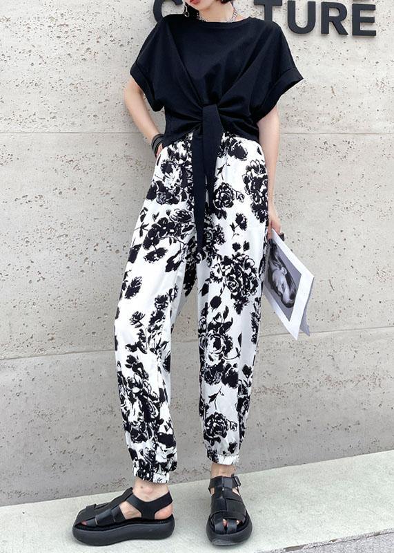 Handmade White High Waist Summer Cotton Print Pants - SooLinen