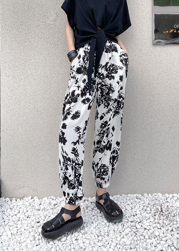 Handmade White High Waist Summer Cotton Print Pants - SooLinen