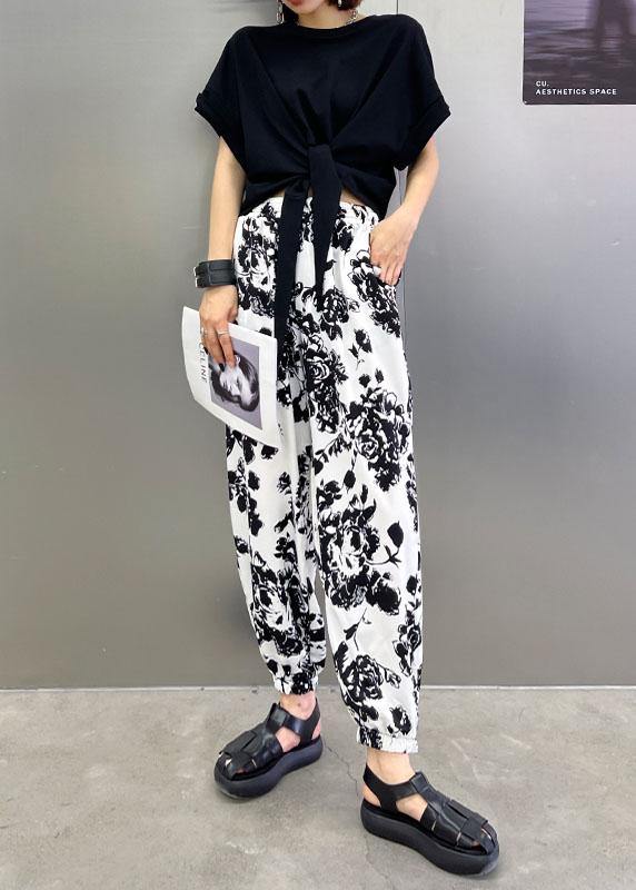 Handmade White High Waist Summer Cotton Print Pants - SooLinen