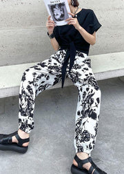 Handmade White High Waist Summer Cotton Print Pants - SooLinen