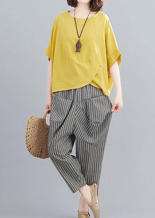 Handmade Yellow O-Neck  Two-Piece Set Summer Cotton Linen - SooLinen