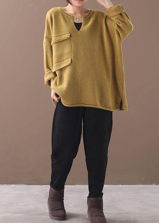 Handmade Yellow Pockets Warm Fall Knit Top - SooLinen