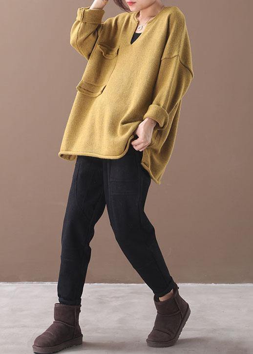 Handmade Yellow Pockets Warm Fall Knit Top - SooLinen