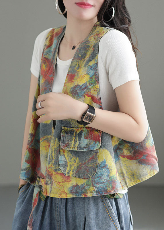 Handmade Yellow Print V Neck Cotton Denim Vest Sleeveless