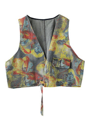 Handmade Yellow Print V Neck Cotton Denim Vest Sleeveless