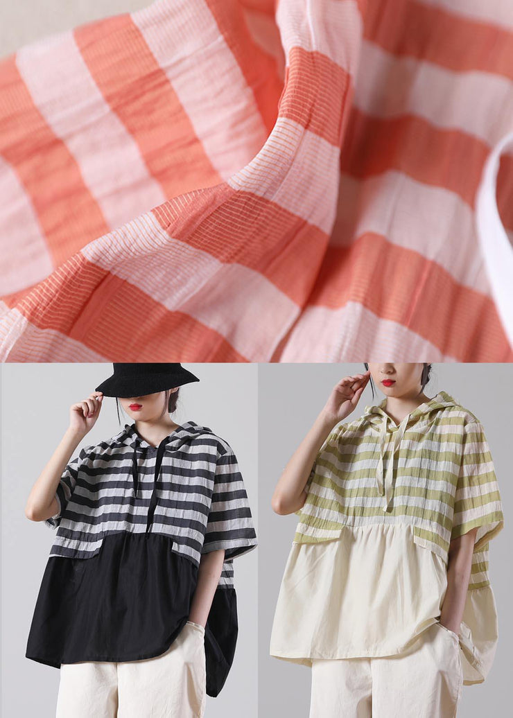 Handmade Yellow Striped hooded Cotton Linen Summer Shirts - SooLinen